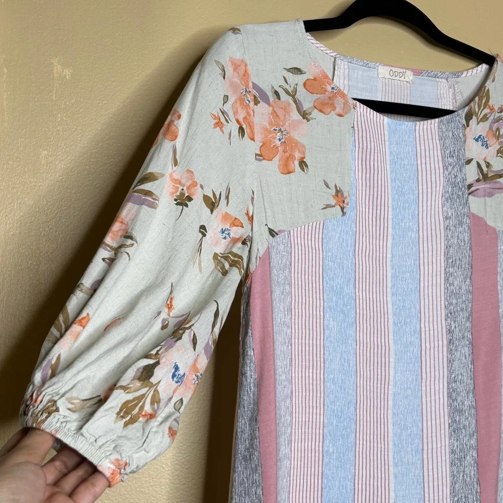 Oddy‎ Blouse Womens Small Multicolor Striped Floral 3/4 Sleeves